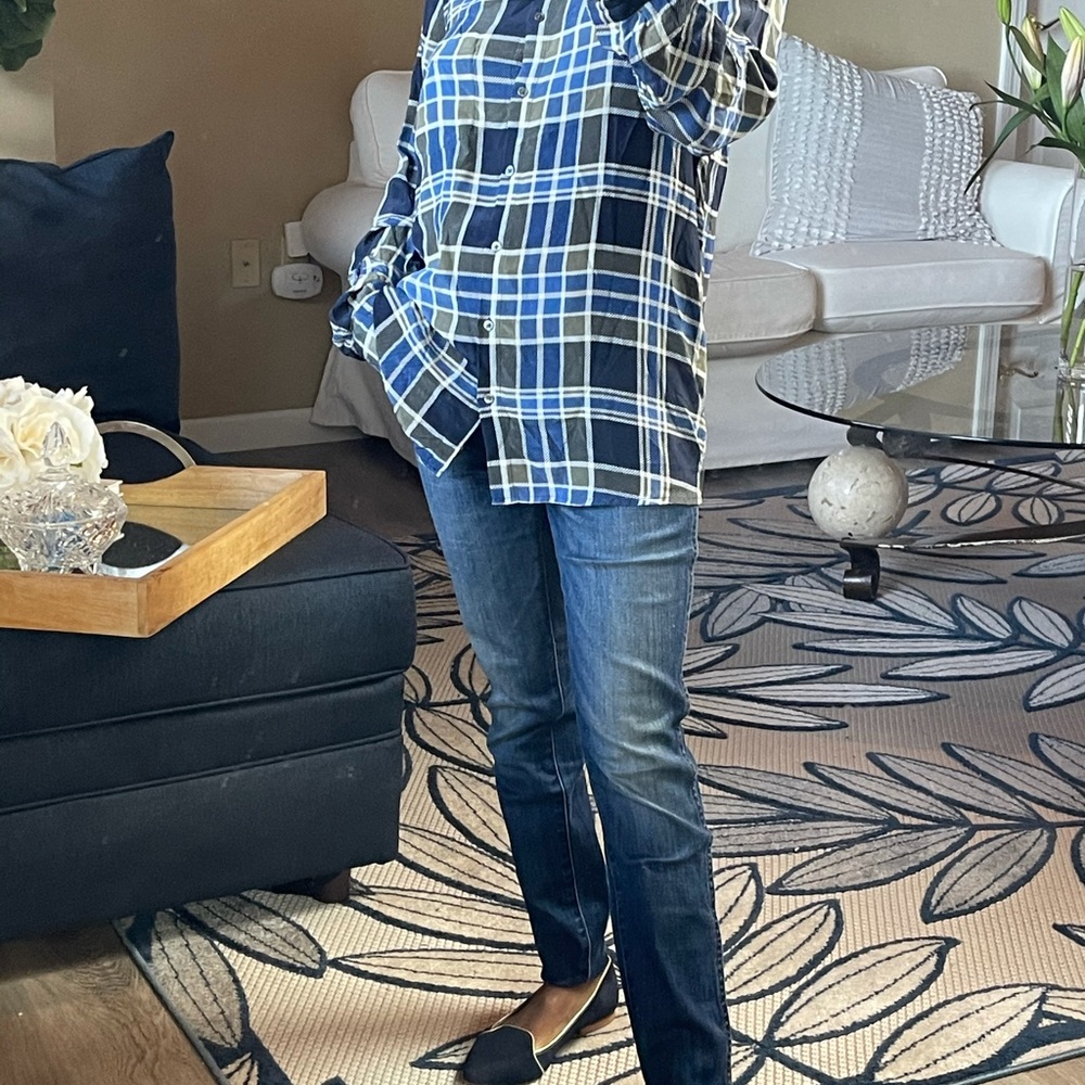 Joie Large Karianna Plaid 100% Silk Top Button Down Blouse Blue. Size X-Small